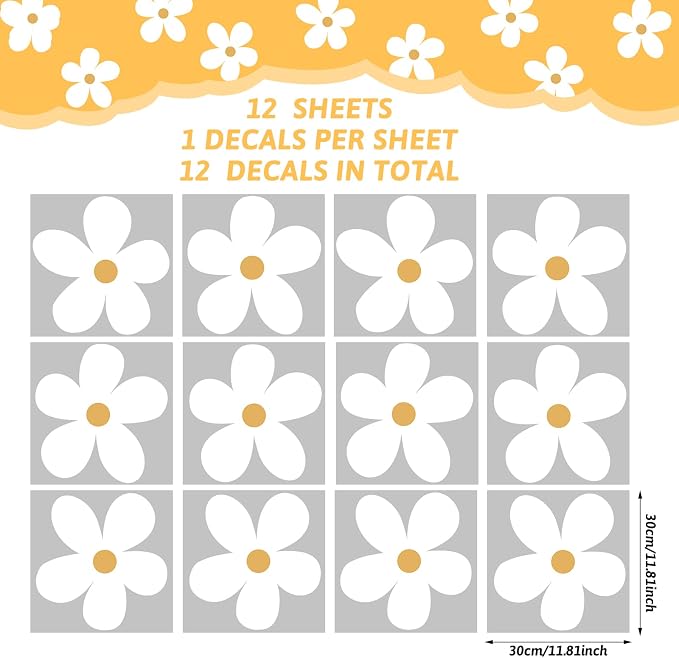 TaoBary 12 Sheet Daisy Wall Sticker Decal Removable Cute Daisy Bedroom Room Decor Flower Wall Sticker Pink White Flower Decal Wallpaper Peel and Stick for Nursery Home(White, Yellow,Charming Style)