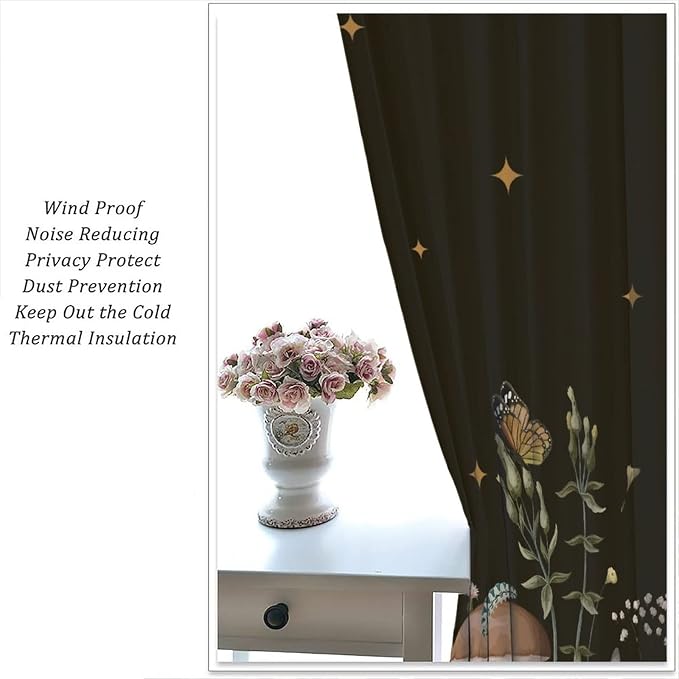 Wild Mushroom Blackout Curtains,Retro Floral Plants Boho Moon Star Window Drapes,Butterfly Botanical for Living Room Kitchen Bedroom,Black Background 63x63in