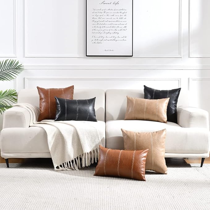 Fancy Homi Hand Stitched Brown Faux Leather Decorative Throw Pillow Covers 18x18 Inch for Living Room Couch Bed Sofa, Accent Square Cushion Case 45x45 cm, Rustic Modern Farmhouse Boho Home Decor