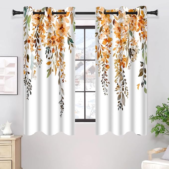 Orange Watercolor Floral Curtains, 42x63 inch, 2 Panels | Botanical Leaves Vine Flowers, Rustic Farmhouse Style, Blackout Window Treatment, For Bedroom Living Room