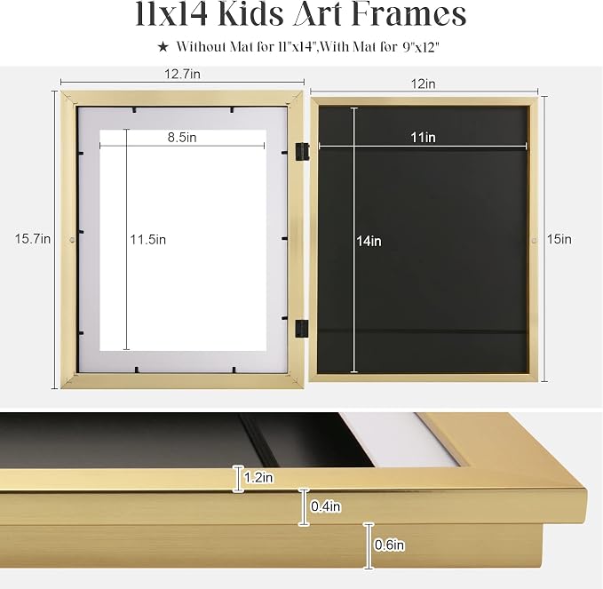 [2Pack] Kids Art Frames, 11x14 Front Opening Kids Artwork Frames Changeable, Gold Artwork Display Storage Frame for Wall, Holds 50 Pcs, for 3D Picture, Crafts, Children Drawing, Hanging Art, Portfolio