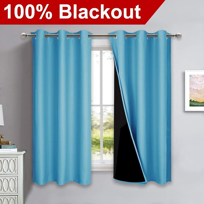 NICETOWN 100% Blackout Short Curtains with Black Liners, 2 Panels, 37" W by 50" L, Teal Blue, Solid Thermal Insulated Full Blackout 2-Layer Lined Drapes, Energy Efficiency Window Draperies for Bedroom