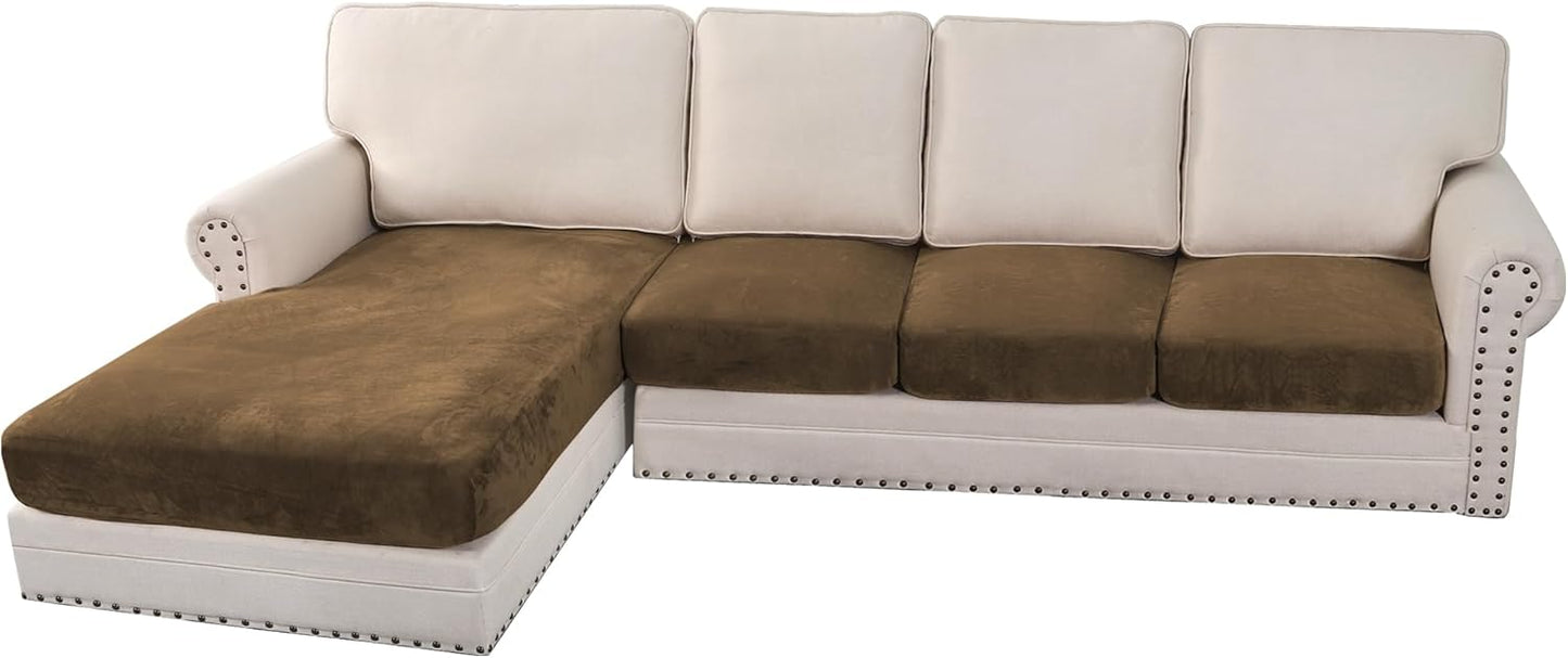 H.VERSAILTEX Velvet Stretch Sectional Couch Covers 4 Pieces Sofa Seat Cushion Covers L Shape Separate Couch Cover for Both Left/Right Sectional Couch (Large Sofa 3 Seater + 1 Chaise, Bronze Brown)