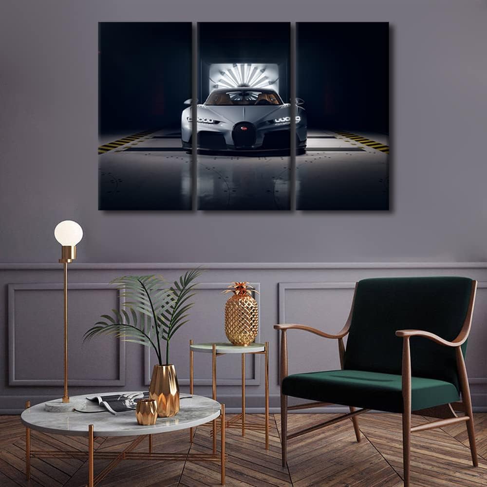 Gray Sports Car in the Garage Canvas Wall Art for Living Room Speed Sports Racing Cars Modern Abstract Painting 3 Panels Picture for Bedroom Office Home Wall Decorations Frame Wall Decor, 36"Wx24"H