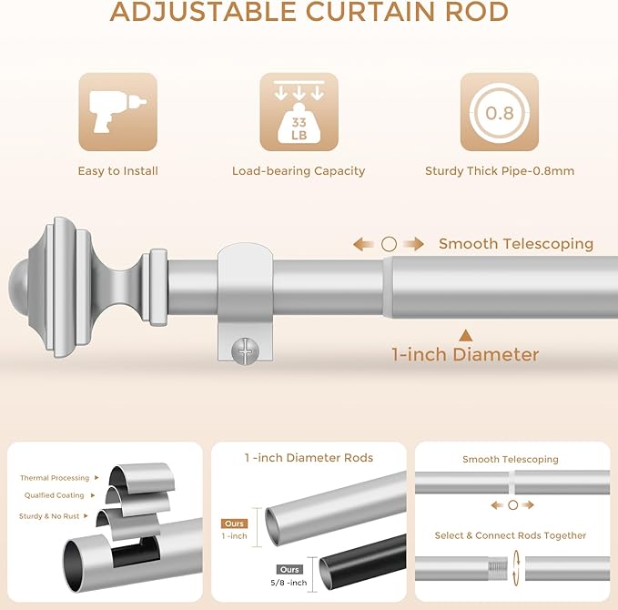 Silver Curtain Rod for Windows 18-45 Inches, 1 Inch Heavy Duty Adjustable Drapery Pole, Modern Window Treatment Rod with Decorative Square Finials, Easy Installation