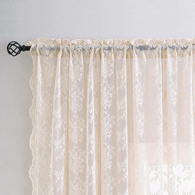 YJ YANJUN Vintage Lace Curtains 63 Inch Length 2 Panels Set Cute Floral Designs Dusty Pink Sheer Curtain Panels for Girls Bedroom with Wavy Edge Rod Pocket, 52 x 63 Inch, Blush Pink