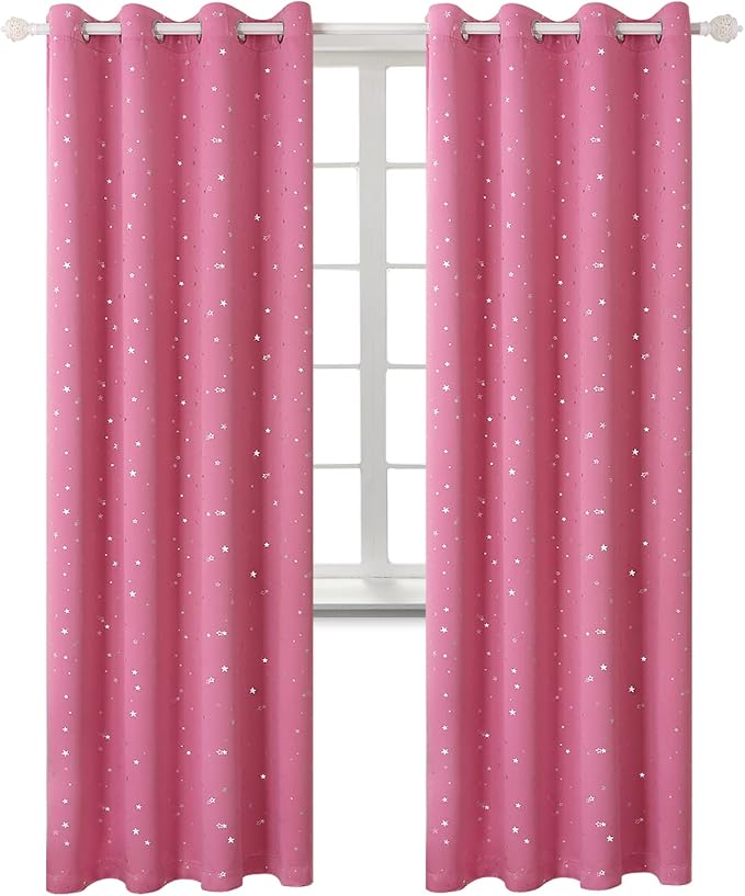 BGment Pink Star Blackout Curtains for Kid's Bedroom - Grommet Thermal Insulated Room Darkening Printed Curtains for Living Room, Set of 2 Panels, 52 x 84 Inch