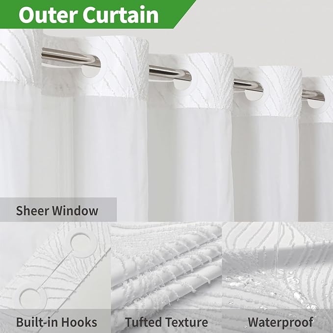 eachope Long No Hook Shower Curtain and Liner Set,Boho Style with See Through Top Window,White Fabric Tufted Striped Textured Outer Curtain with Snap in Liner, White,71Wx80H