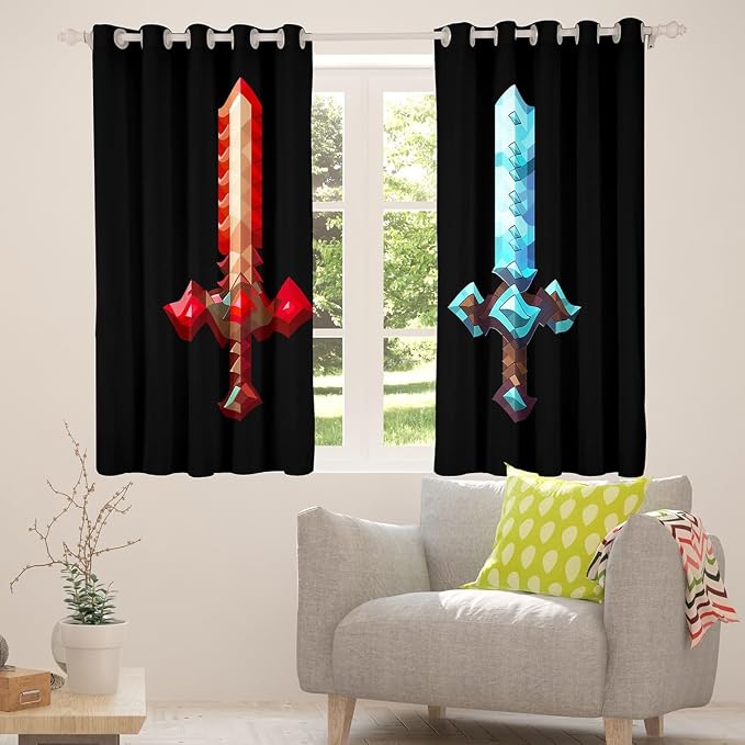 Castle Fairy Red Blue Sword Window Curtain,Sandbox Building Games Bedroom Decor Curtains,Kids Boys Pixelated Style Swords Window Treatment Fashion Black Blackout Drapes 2 Panels,52Wx84L