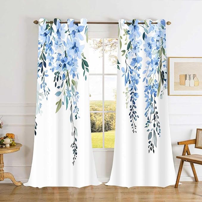 Blue Watercolor Floral Curtains, Botanical Leaves Vine Flowers Curtain, Rustic Farmhouse Flower Leaf Blackout Window Treatment Drapes for Bedroom Living Room 42x96 inch, 2 Panels