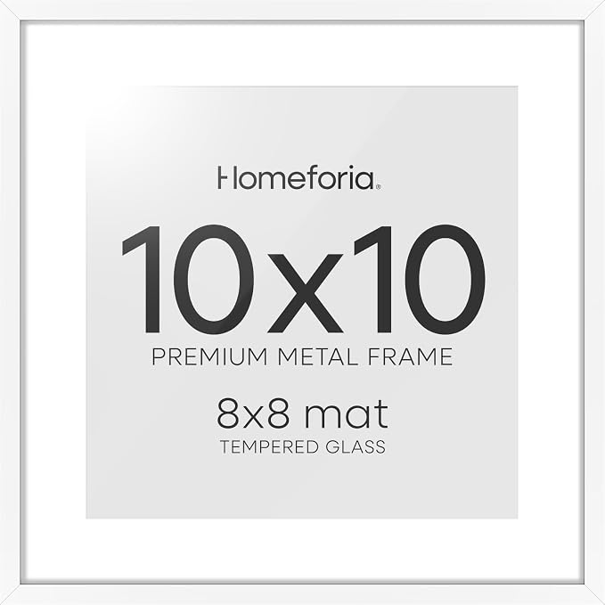 Homeforia 10x10 White Picture Frame, High End Metal 10 by 10 Square Frames with Mat 8 x 8 Opening, 10by10 Poster Frames Matted to 8x8 Photo, Wall or Tabletop Frames, Tempered Glass, Wall Kit, Set of 2