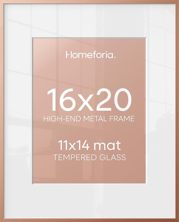 Homeforia Picture Frames 16x20 Rose Gold, High End Metal 16x20 Poster Frame with Mat 11x14 inch Photo, 16 x 20 Rose Gold Frame Matted to 11 by 14 Print, 20x16 Frame, Tempered Glass, Wall Kit, Set of 2