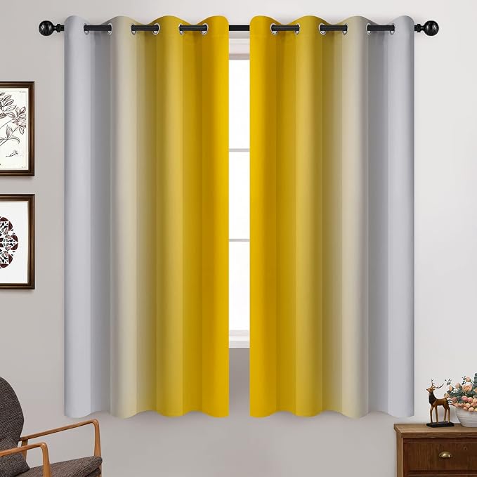 Yakamok Ombre Curtains Yellow and Greyish White for Living Room,52Wx63L | Room Darkening Curtains 63,Thermal Insulated Gradient Color Drape,Light Blocking Grommet Window Curtains for Bedroom,2 Panels