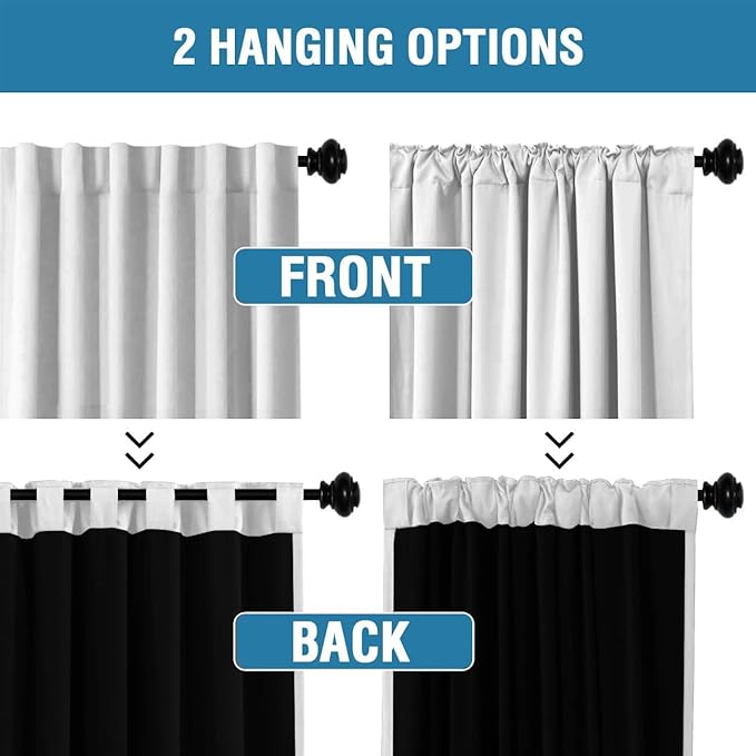 H.VERSAILTEX 100% Blackout Curtains for Bedroom with Black Liner Full Room Darkening Curtain 45 Inch Long Thermal Insulated Back Tab/Rod Pocket Window Drapes for Living Room, 2 Panels, Greyish White