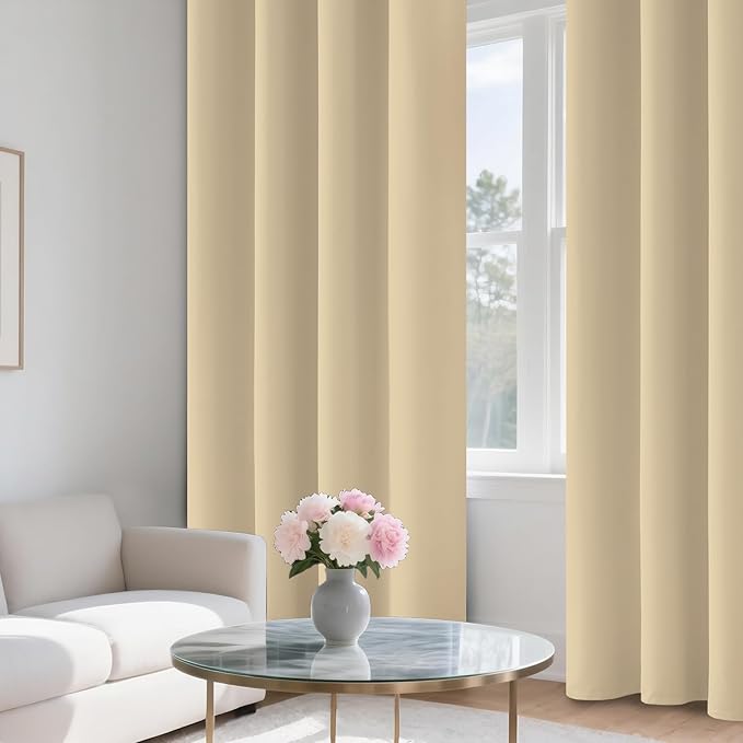 COSVIYA 100% Beige Blackout Curtains for Bedroom Kids Room 63 Inches Length 2 Panels Set, Full Light Blocking Thermal Insulated Grommet Nursery Window Treatment Drapes with Black Liner,W52 x L63