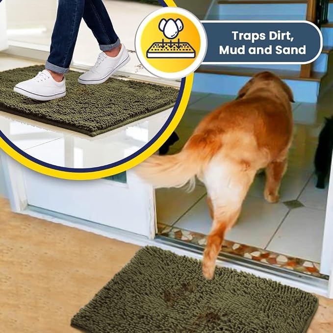 Muddy Mat® | Super Water Absorbent Door Mat Indoor, Microfiber Quick Dry Chenille Entryway Rug, Slip Resistant Front Door Mat, Indoor Mats for Entryway, Machine Washable Pet Rug, Sage 3ft x 4ft
