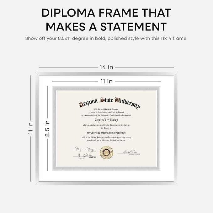 Homeforia 11x14 Diploma Frame Silver, High End Metal 11 x 14 Certificate Frames with Mat 8.5 by 11, 11by14 Document Frame Matted to 8.5x11, Award Graduation Frames, Tempered Glass, Wall Kit, Set of 1