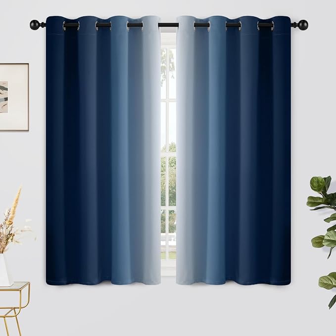Yakamok Ombre Curtains Blue and Greyish White for Living Room,52Wx54L | Room Darkening Curtains 54,Thermal Insulated Gradient Color Drape,Light Blocking Grommet Window Curtains for Bedroom,2 Panels