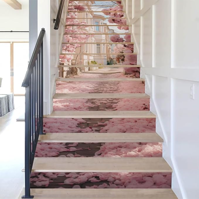 REDAMANCY Romantic Pink Cherry Flowers Lane Landscape Peel and Stick Vinyl Stair Riser Decals Staircase Tile Stickers Decor Modern Marble Decoration Self-Adhesive(14 Pcs)