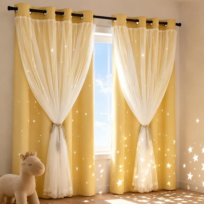 Blackout Curtains for Girl Bedroom/Living Room/Classroom, Sheer Overlay 63 Inches 2 Panel Set, Double Layer Curtains with Star Cutout for Kids Room(W 52 x L 63 Inches,Yellow 2 Pcs)