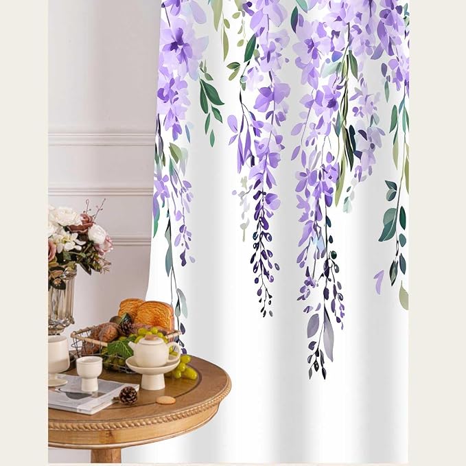 Purple Watercolor Floral Curtains, Botanical Leaves Vine Flowers Curtain, Rustic Farmhouse Flower Leaf Blackout Window Treatment Drapes for Bedroom Living Room 42x96 inch, 2 Panels