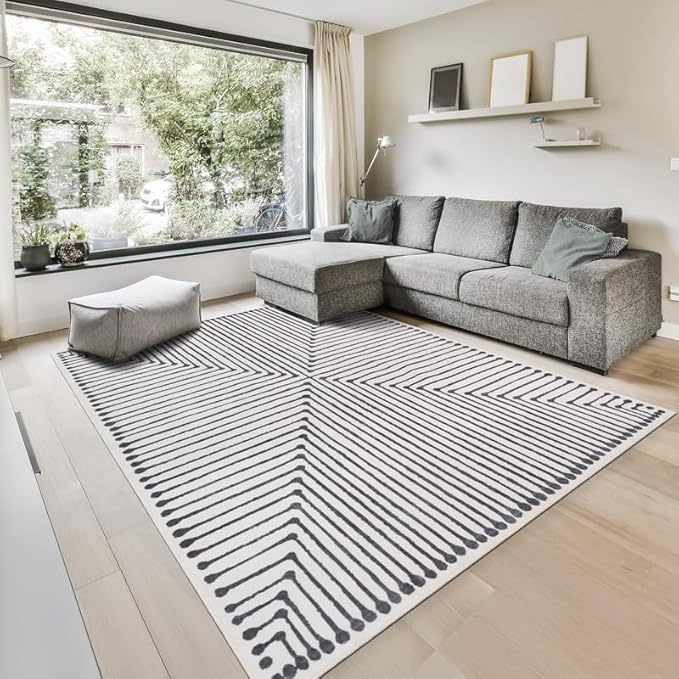 GLN Rugs Contemporary Collection - Machine Washable Area Rug, Contemporary Washable, Non Slip, Low Pile Chenille Rug, Living Room, Bedroom, Kitchen Rug (4' x 6' Black Beige)