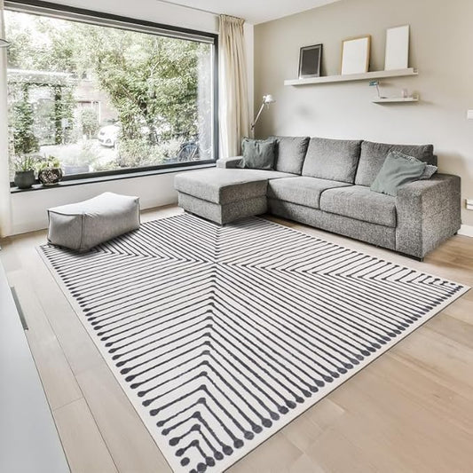 GLN Rugs Contemporary Collection - Machine Washable Area Rug, Contemporary Washable, Non Slip, Low Pile Chenille Rug, Living Room, Bedroom, Kitchen Rug (4' x 6' Black Beige)