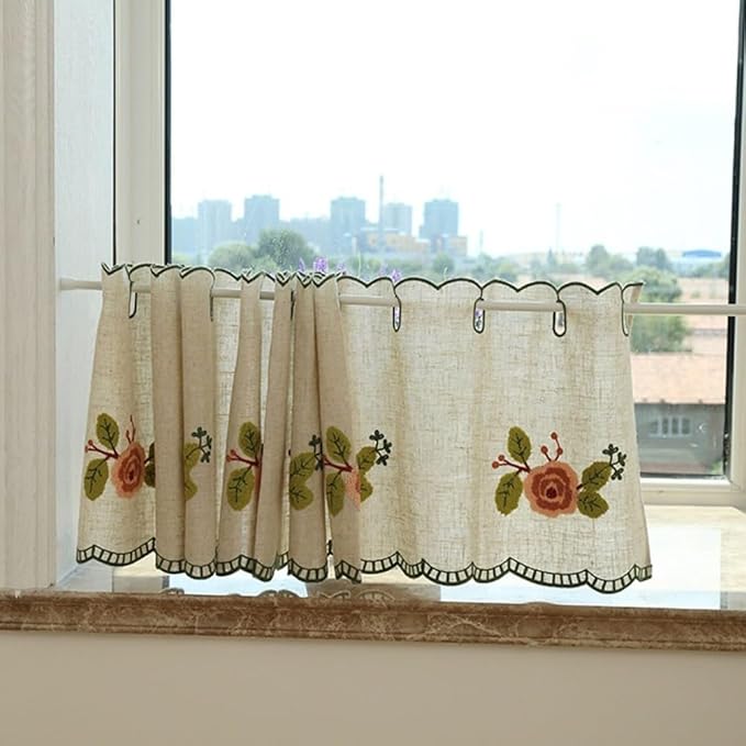 Cotton Linen Short Curtain Grommet Half Window Curtain Valance Light Filtering Tier Curtains for Kitchen Cafe Bedroom Curtains Closet(W 110 x L 60 cm (43" x 23"))