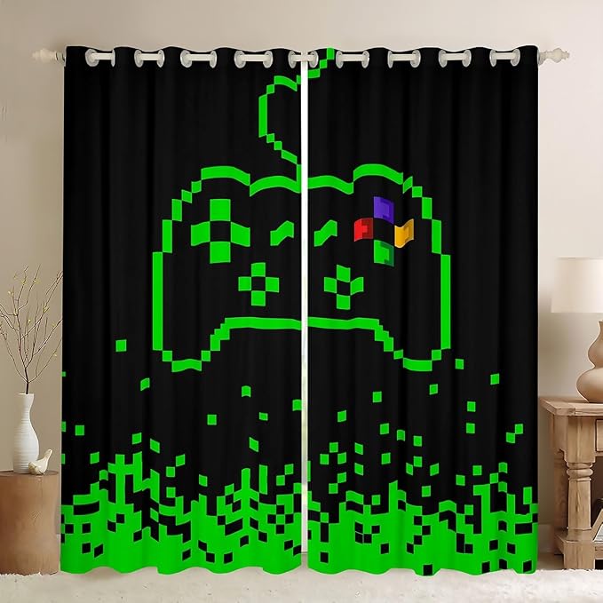Video Games Blackout Window Curtain,Miner Pixel Games Window Treatment Curtain ,Kids Boys Teens Neon Green Block Building Bedroom Curtains Modern Black Living Room Decor Top 2 Panels,42Wx63L