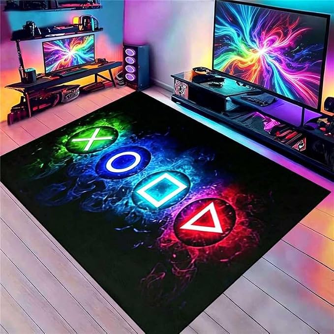Gaming Rug 5x7 Feet Black Video Console Controller Gamer Rug for Boys Room, Non-Slip Teens Boys Game Room Rugs Bedroom Playroom Livingroom