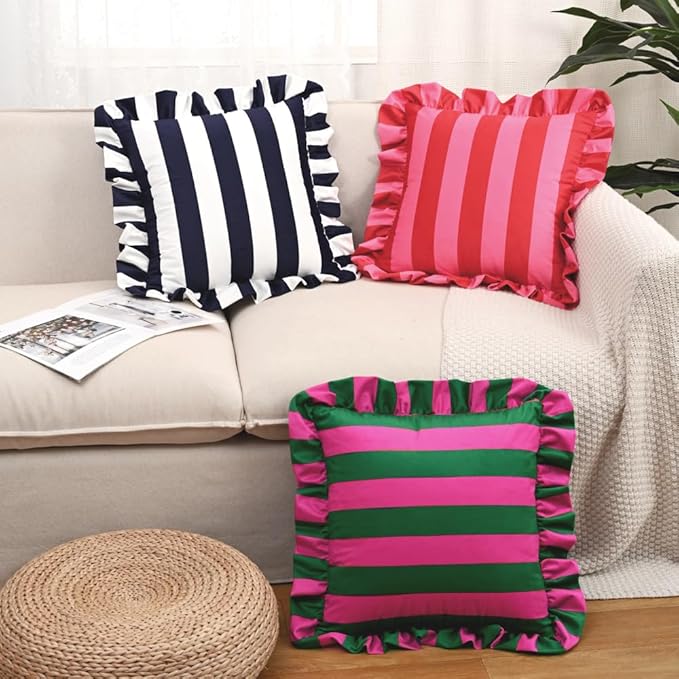 vctops Ruffle Square Throw Pillow Covers Boho Pink and Red Striped Decorative Pillowcases Set of 2, Soft Velvet Accent Cushion Cover Cases for Sofa Bed Living Room Decor (Pink,18"x18")