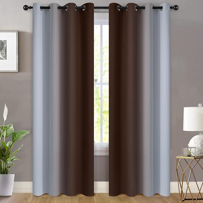 Yakamok Ombre Curtains Brown and Greyish White for Living Room,52Wx84L | Room Darkening Curtains 84,Thermal Insulated Gradient Color Drape,Light Blocking Grommet Window Curtains for Bedroom,2 Panels