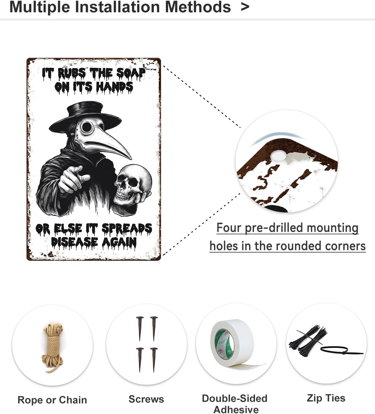 ALKB Halloween Bathroom Decor 8 x 12 Inch - Goth Plague Doctor Metal Tin Sign,Gothic Lovers Gifts,IT RUBS THE SOAP ON ITS HANDS