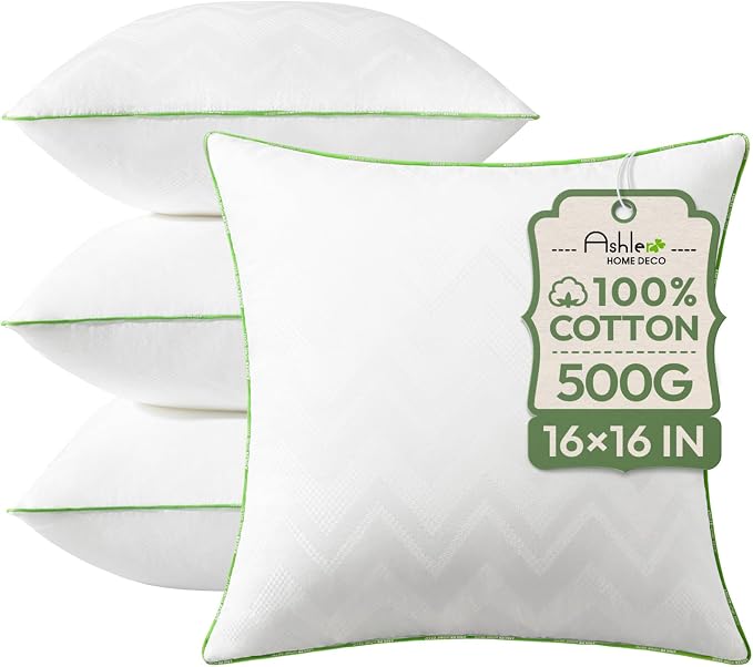 Ashler 16x16 Pillows Insert (Set of 4) - Throw Pillow Inserts with 100% Cotton Cover - 16 Inch Square Interior Sofa Stuffer Pillow Inserts -Decorative White Couch Pillow