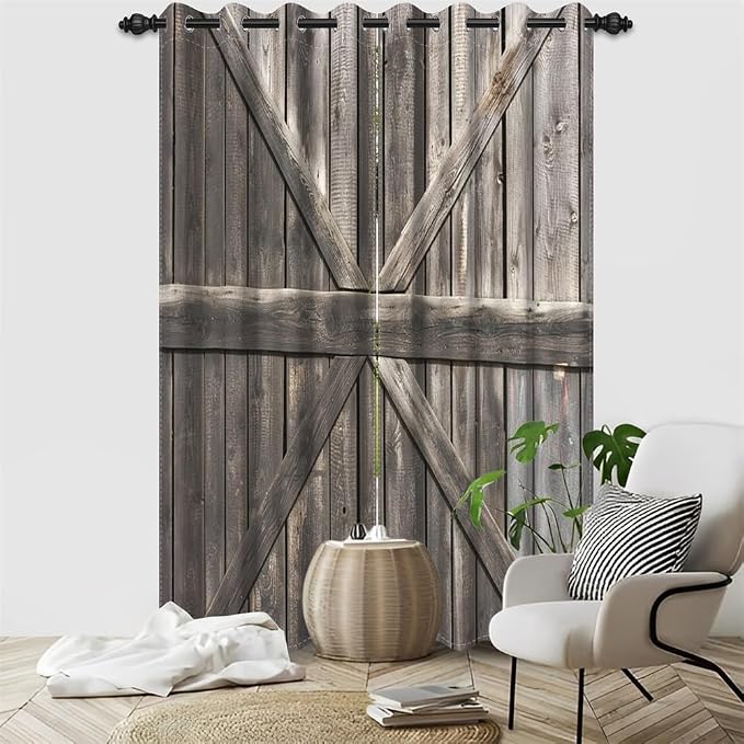 Rustic Barn Door Window Curtains Farmhouse Grey Wooden Door Garage Door Blackout Window Treatment for Living Room Bedroom Rural Farm Style Room Darkening Window Drapes,53x84 inch,2 Panels