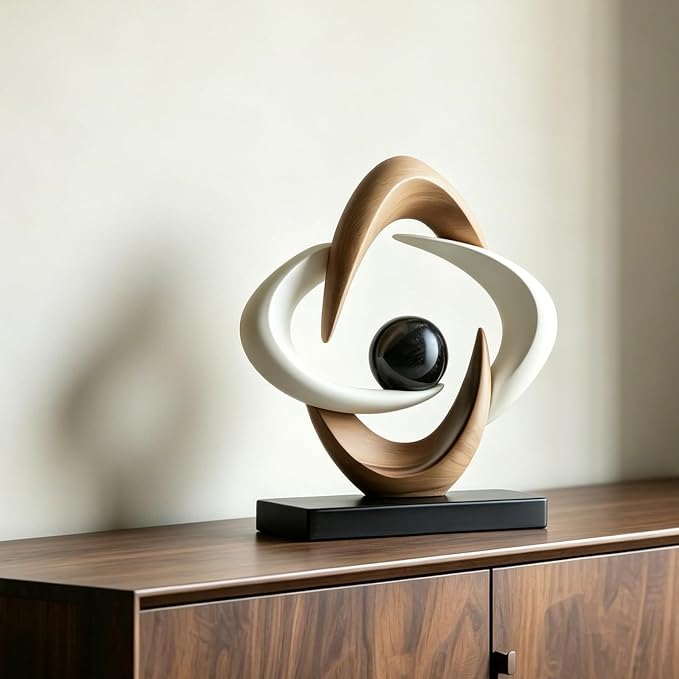 AWNR Gold Abstract Sculpture House Decor Aesthetic - Home Décor Accents for Nightstand, Shelves, Dining Room, Entryway Table, Office, Desk Accessories (White and Wood Color C)