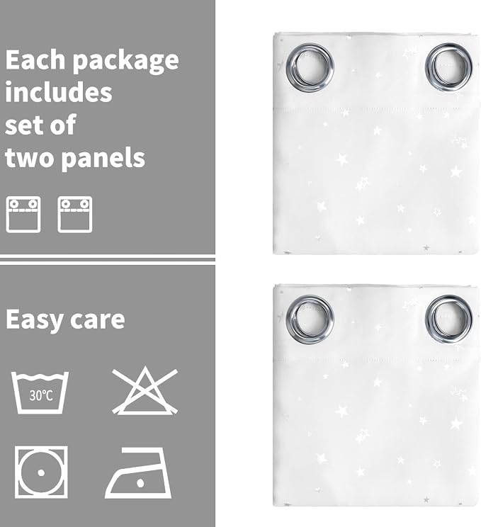 BGment Kids Blackout Curtains for Bedroom - Grommet Thermal Insulated Silver Star Print Room Darkening Curtains for Living Room, Set of 2 Panels (42 x 63 Inch, White)