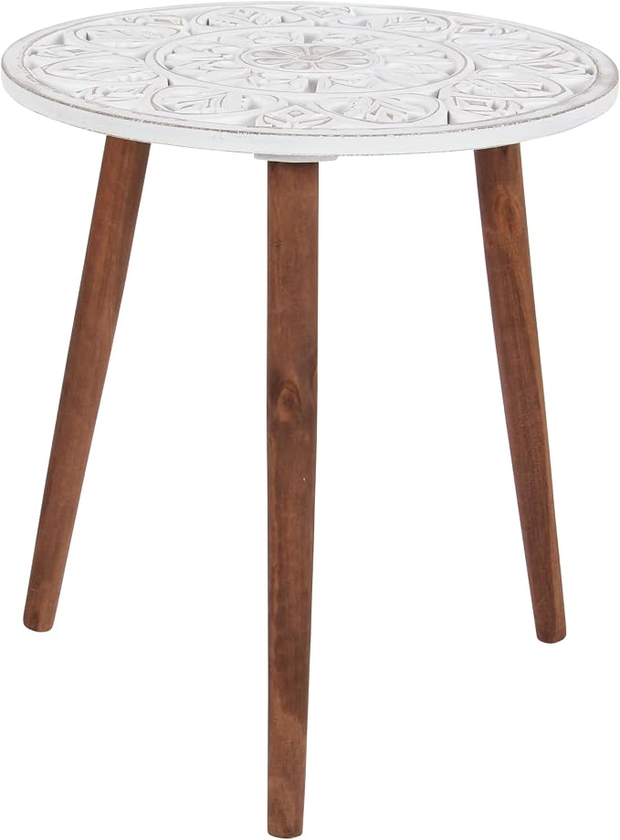 Deco 79 Wood Floral Handmade Side End Accent Table Intricately Carved End Table with 3 Slender Legs, Side Table 19" x 19" x 21", White