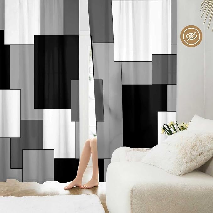 Black and Grey Curtains for Living Room 84 Length Geometry Curtains Modern Black White Gray Abstract Rod Pocket Curtain for Bedroom Kitchen Room Window Drapes 2 Panels