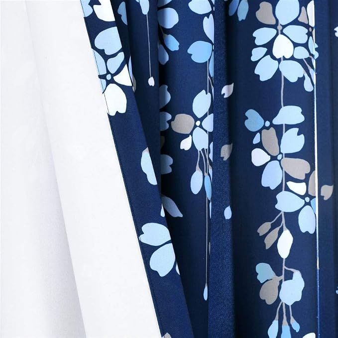 Lush Decor Weeping Flower Light Filtering Window Curtain Panels, Pair, 52"W x 95"L + 2" Header, Navy - Charming Modern Floral Curtains for Living Room, Dining Room, & Bedroom