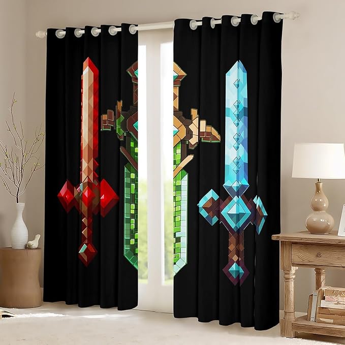 Castle Fairy Colorful Sword Window Curtain,Sandbox Building Games Bedroom Decor Curtains,Kids Adult,Geometric Block Window Treatment Modern Miner Black Blackout Drapes 2 Panels,52Wx84L