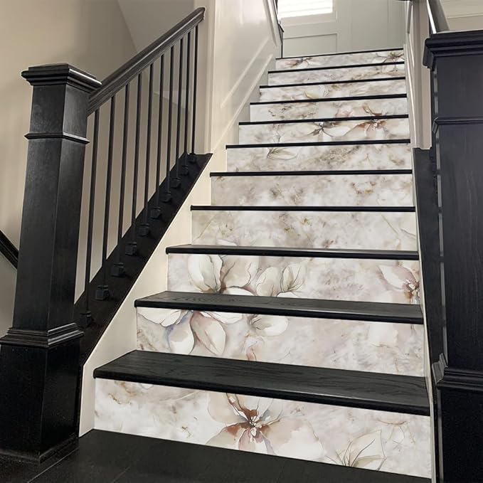 REDAMANCY Watercolor Boho Cream Sand Magnolia Florals Peel and Stick Vinyl Stair Riser Decals Staircase Tile Stickers Decor Modern Marble Decoration Self-Adhesive(14 Pcs)