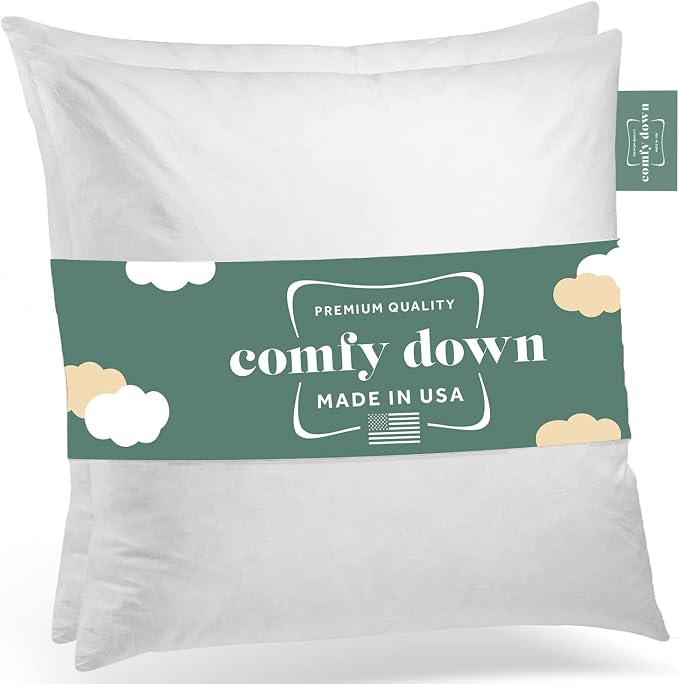 ComfyDown 12x12 Throw Pillow Inserts (Set of 2), Down & Feather Fill, 100% Cotton Cover, Made in USA – Premium Soft Decorative Pillow Forms Sham Stuffers for Bed, Sofa & Couch