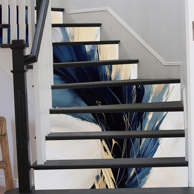 REDAMANCY Abstract White Sea Blue Gold Mosaic Oil Painting Peel and Stick Vinyl Stair Riser Decals Staircase Tile Stickers Decor Modern Marble Decoration Self-Adhesive(14 Pcs)