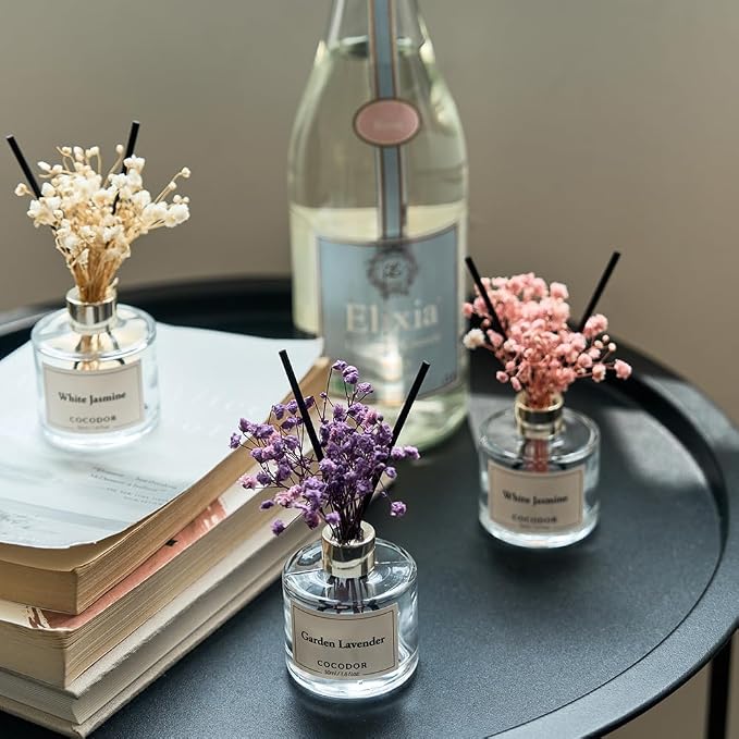 COCODOR Real Flower Reed Diffuser Set of 3/Clean Linen,Cashmere Vanilla,White Jasmine/1.6oz Each Pack/Home Fragrance Diffuser, Oil Scent Diffuser for Bathroom Shelf Decor