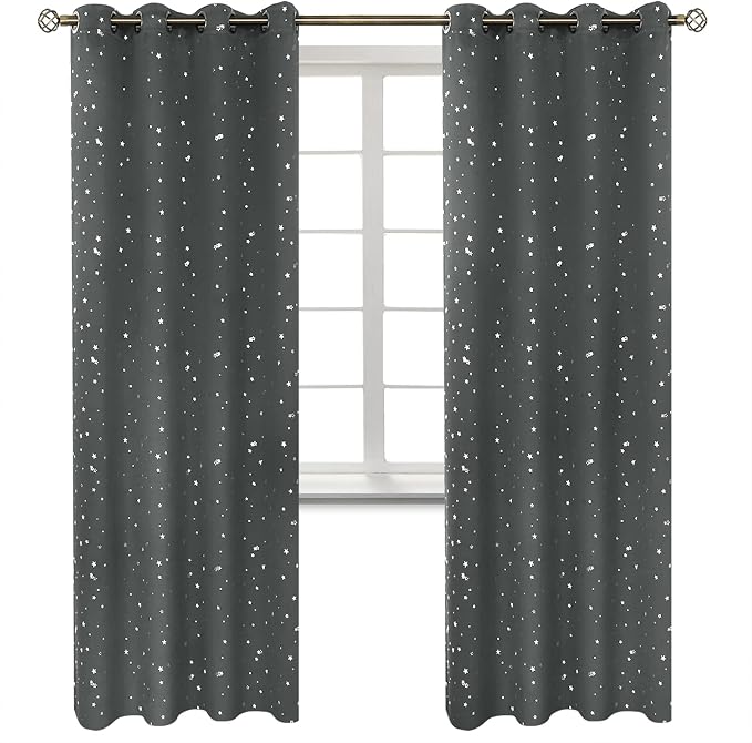 BGment Kids Blackout Curtains for Bedroom - Grommet Thermal Insulated Silver Star Print Room Darkening Curtains for Living Room, Set of 2 Panels (52 x 84 Inch, Dark Grey)