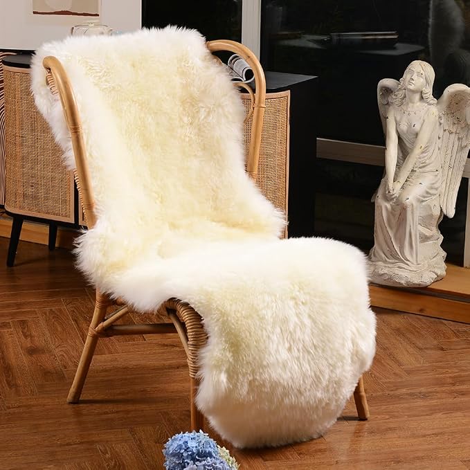 LLB Genuine Sheepskin Area Rug Wool Rug Fur Carpet Fluffy Shaggy Fur Rug for Living Room Kids Bedroom Real Sheepskin Throw Lambskin Rugs Sofa Mat Chair Seat Covers (Ivory White, 2 x 6 ft Sheepskin)