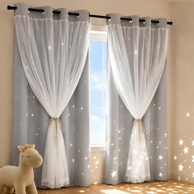 Kids Blackout Curtains for Bedroom/Living Room/Classroom, Sheer Overlay 2 Panel Set, Double Layer Curtains with Star Cutout for Kids Room(Each Piece W 70 x L 84 Inches 2 Pcs Silver Grey)