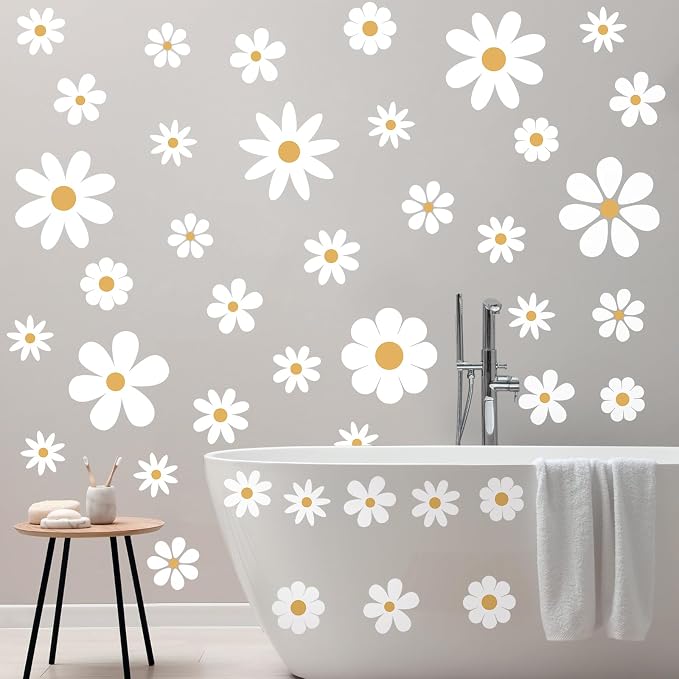 TaoBary 12 Sheet Daisy Wall Sticker Decal Removable Cute Daisy Bedroom Room Decor Flower Wall Sticker Pink White Flower Decal Wallpaper Peel and Stick for Nursery Home(White, Yellow,Classic Style)