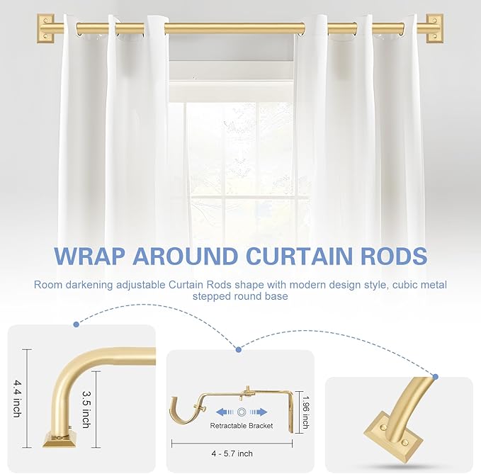 TANGWIN Gold Wrap Around Curtain Rods for Windows 36 to 72":Blackout Heavy Duty Adjustable Curtain Rod Room Darkening,Modern Industrial Curved French Return Metal Drapery Rods Easy Install,Brass Gold